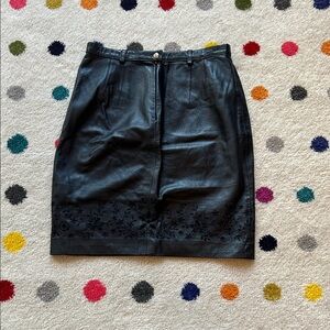 VINTAGE Escada Black Leather Pencil Skirt with Floral Detail